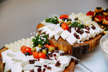 Various types of cheese served on a board at the event. Meze for party guests