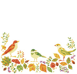 秋の紅葉　落ち葉、木の実、小鳥フレーム