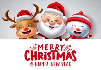 Christmas characters vector banner template. Merry christmas text in white empty space for messages with xmas character like santa claus, reindeer and snowman for holiday greeting card.