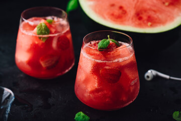 Fresh cocktail with watermelon and strawberry