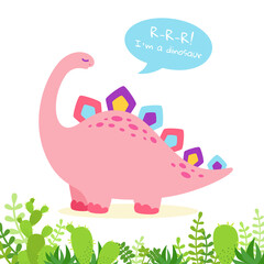 Cartoon dinosaur with speech bubble. Colorful reptile with plants and cactus. Kids dinosaurs design for fabric or textile. Vector illustration isolated on white background