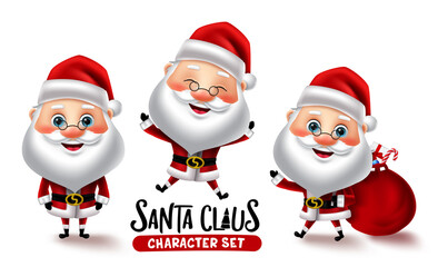 Santa claus character vector set. Christmas santa characters in different pose and gestures isolated in white background for xmas holiday cartoon collection design. Vector illustration    