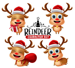 Reindeer characters vector set. Reindeer christmas animal character in different pose and gestures with red hat, sack and gift elements for xmas holiday collection design. Vector illustration  