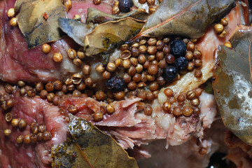 Baked meat pork with spices close up.