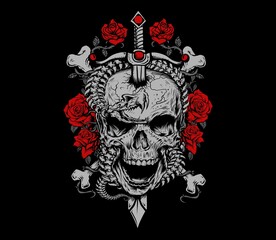 Skull and Skeleton Snake Illustration, for graphic T shirt and other graphic
