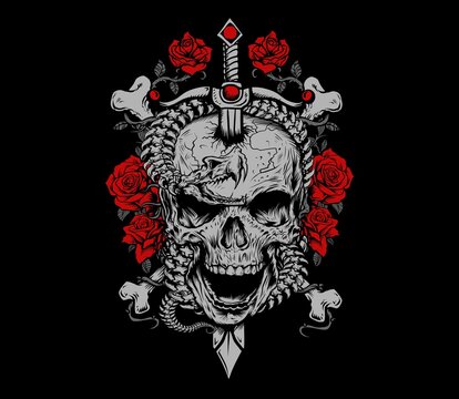 Skull and Skeleton Snake Illustration, for graphic T shirt and other graphic