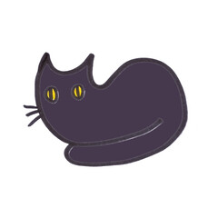 black cat with yellow eyes, graphic drawing on a white background