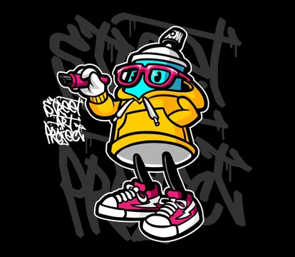 Spray graffiti cartoon character, for T shirt and other graphic
