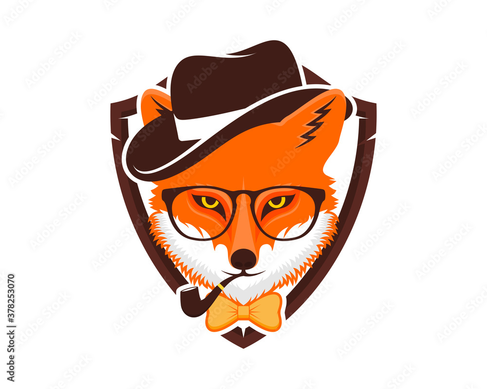 Poster fox head with hat and tie inside the shield