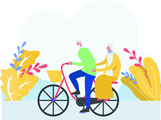 Happiness vector concept: Happy senior couple riding bicycle together at park