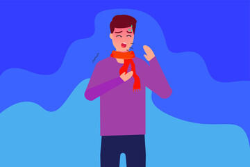 Sick vector concept: Sick man sneezing and coughing with fever symptom while wearing a scarf