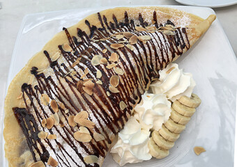 Chocolate Banana Crepe on white plate