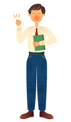 書類を持ちながら笑顔でガッツポーズをするスーツ姿の若い男性