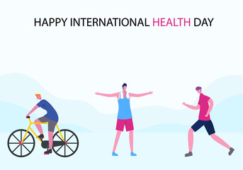 Plakat Health day vector concept: Young men doing exercise together with text of happy international health day 