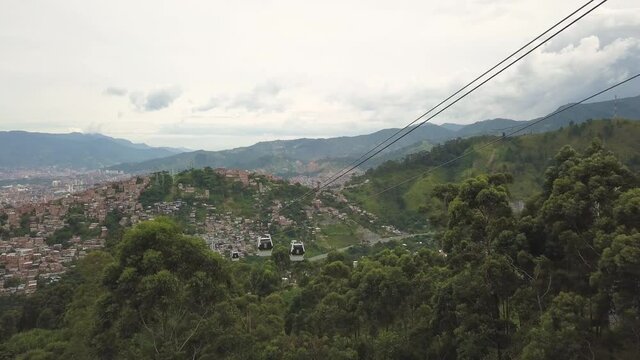Aerial View of Medellin Colombia Funicular With Cablecars, Cityscape Background