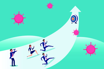 Business vision new normal vector concept: Business team running to target with upward arrow and coronavirus