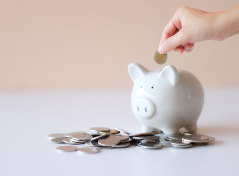 Saving piggy bank white pig on the floor It has a light pink background and a hand in charge of coin. Convey to savings