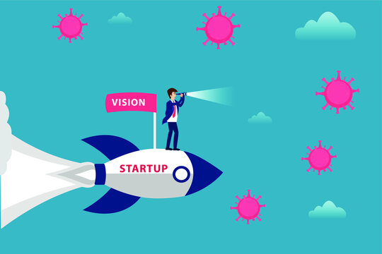 Business vision vector concept: Businessman flying with a  startup rocket with vision flag while looking at coronavirus through the telescope