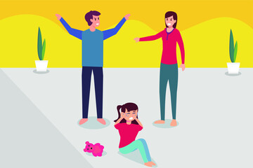 Broken home vector concept: Little daughter crying while her parents fighting at home 