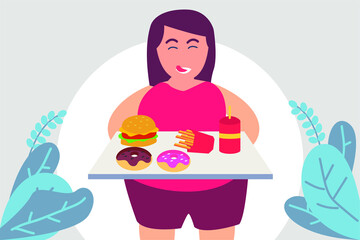 Unhealthy lifestyle vector concept: Greedy fat woman feeling hungry while looking at junk food