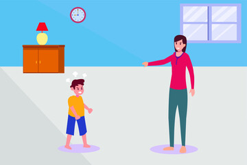 Kids problem vector concept: Little boy feeling angry to his mother while standing at home 