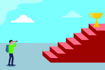 Obraz premium Stairs to success vector concept: Male student looking at the trophy on the top of stairs through a telescope