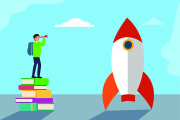 Student dream vector concept: Male student standing on a stack of books and looking at a rocket ready to launch with a telescope