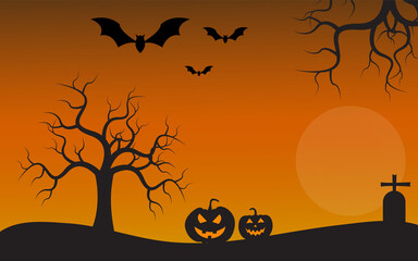 Halloween pumpkins and dark castle on blue Moon background, illustration.