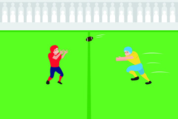 Sport vector concept: Male player throwing american football ball in the green field while wearing sportswear 