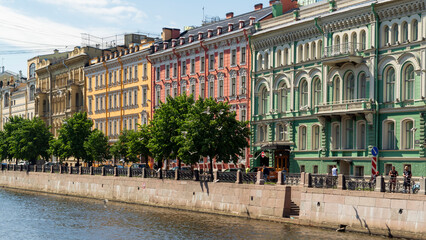 Saint Petersburg, Russia-June, 2020: Facades of houses along the Griboyedov canal, summer