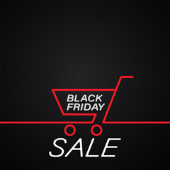 red line shopping cart black friday label sale on black background.