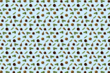 Pine cone Christmas background on blue. Pine branches and cones. minimal creative cone arrangement pattern. flat lay, Modern christmas Background.