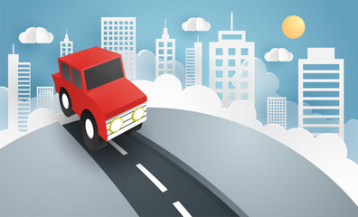 Escape from the city, illustration of love travel day, paper art of red car jumping on mound with the city at back, vector paper art and craft style.