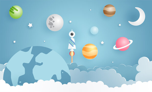 Escape From The City, Illustration Of Love Travel Day, Paper Art Of Rocket On Mound With The Solar System At Back, Vector Paper Art And Craft Style.