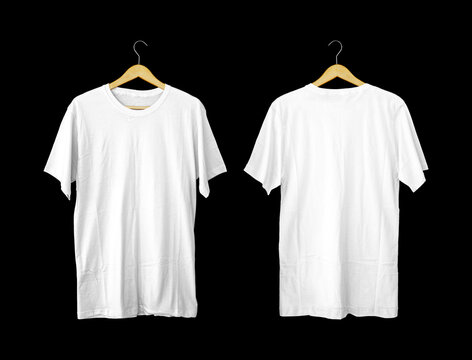 Short-sleeved white t-shirts for mockups. plain t-shirt with black background for design preview. Back and Front view t-shirt on hanger for display.