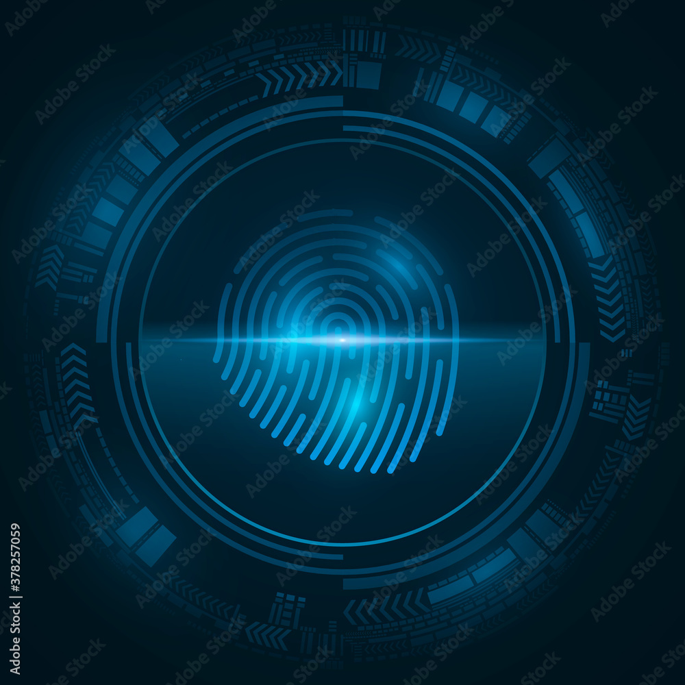 Poster high-tech fingerprint for computer system security with hud interface elements. scan for padlock. ab