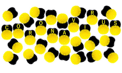 Abstract image of coronavirus. Yellow spiked balls  with crowns in the shape of a bat and hazard...