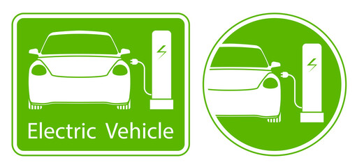 electric charging station sign, car is being charged at electric station. Eco friendly alternative energy sources for transport. Vector