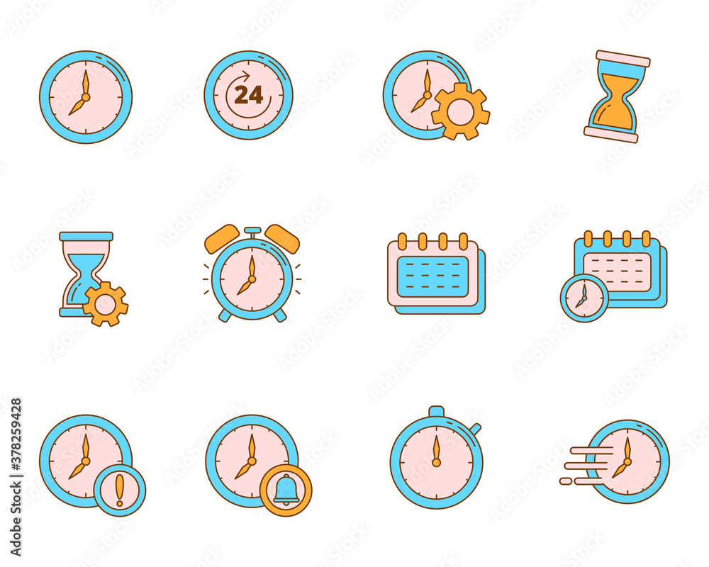 Wall mural set of clock and time vector illustration isolated on white background. colorful linear style of tim