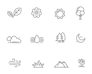 Set of nature related icons collection in outline style isolated on white background