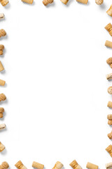 wine corks creative flat lay layout on a white backlit background. flatlay creative wine set with corks and corkscrew for design concept.