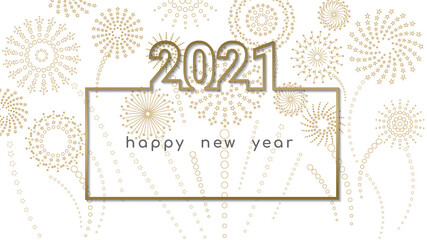2021 Happy New Year greetings on a white background with festive fireworks. © Andrii