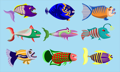 Nine cute fish characters. Fish cartoon assets for learning and children's products. Vector based design