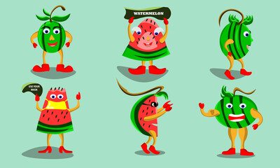 Obraz premium six cute fruit cartoon characters. Watermelon fruit cartoon asset for child learning illustration. vector based image.