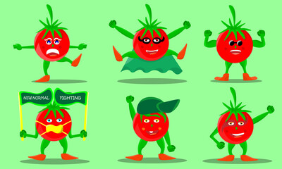 six cute fruit cartoon characters. An active cartoon tomato fruit asset. illustrations for the manufacture of children's products. vector based design.