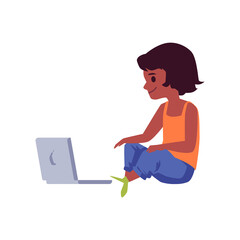 Child sitting cross legged with laptop, flat vector illustration isolated.