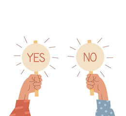 Fototapeta na wymiar Two raised up arms holding signs with Yes and No caption. Choice concept. Vote icons. Businessman hand holding plates with positive and negative sign. Select true or false. Vector illustration.