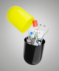 Medical devices spilled out of large black and yellow antibiotic capsules on a gray-white background. The concept of maintaining good health by taking prescription drugs. 3D rendering illustration.