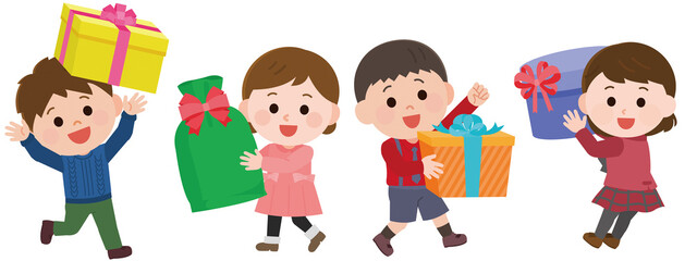 プレゼントを持って喜ぶ子供達　イラスト