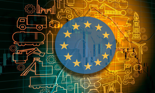 Concept of industrial plant and manufacture building. Energy generation and heavy industry. Brochure or cover design template. Circle frame with industrial thin line icons. Flag of European Union